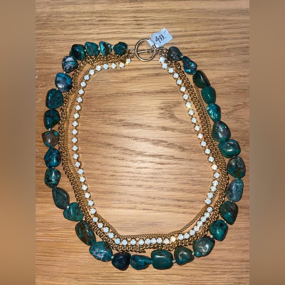 NWT 4 Strand Statement Necklace Blue Stone Nugget Gold Tone Crystal Layered $433